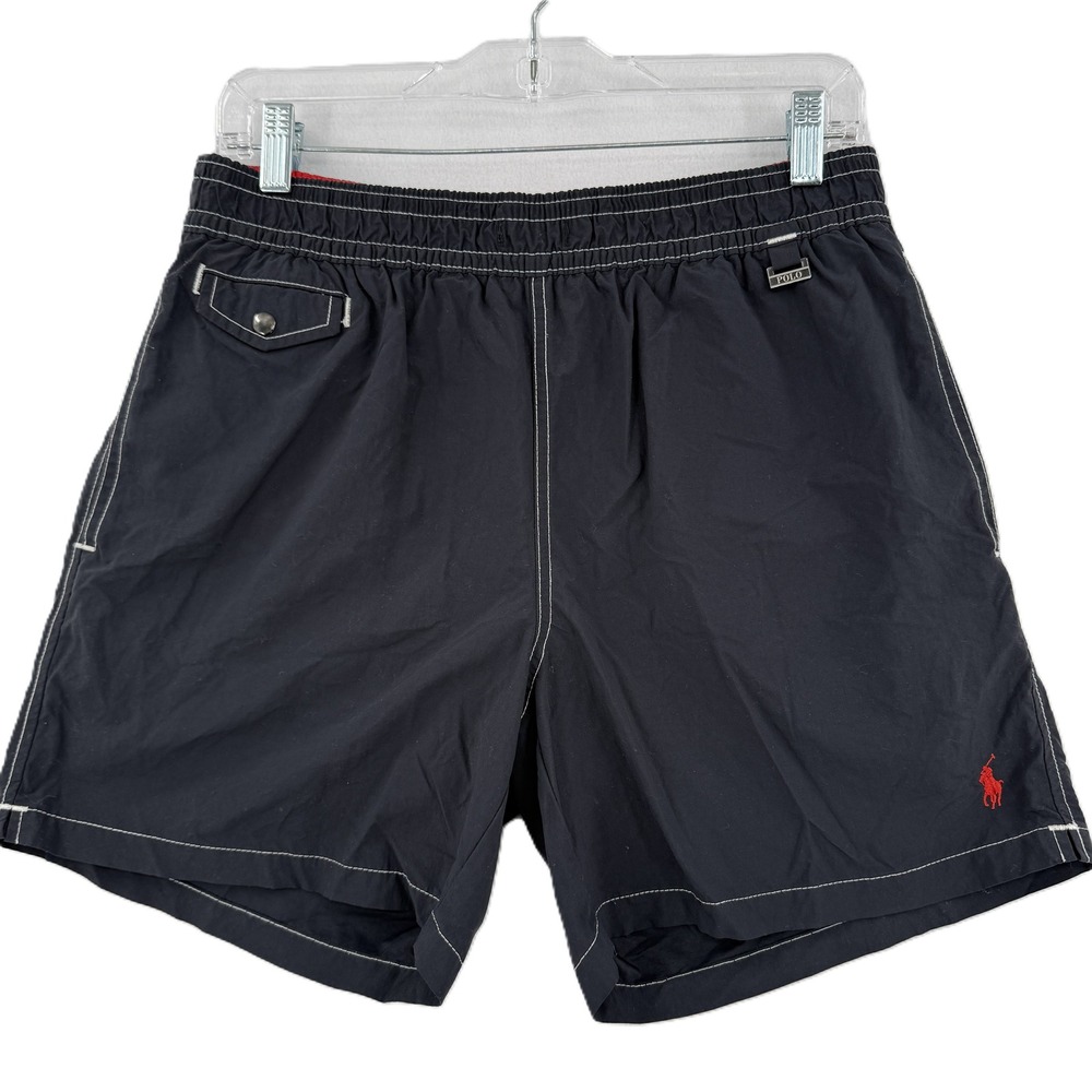 Polo Ralph Lauren Swim Trunks Mens M Black Red Pony Contrast Stitch Nylon Shorts